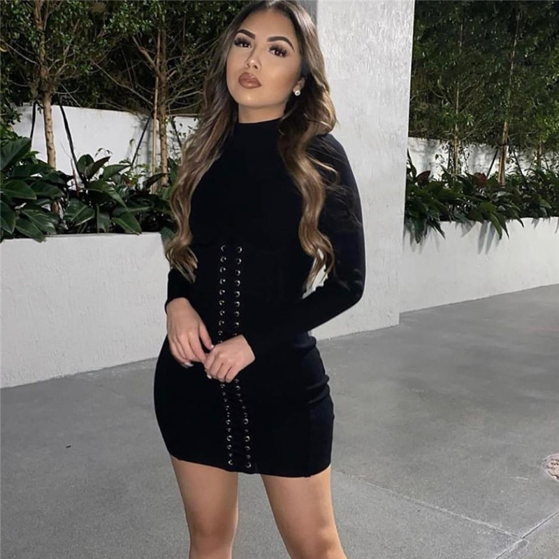 European and American spring and autumn women's round neck long sleeve bandage slim dress women dress 210602