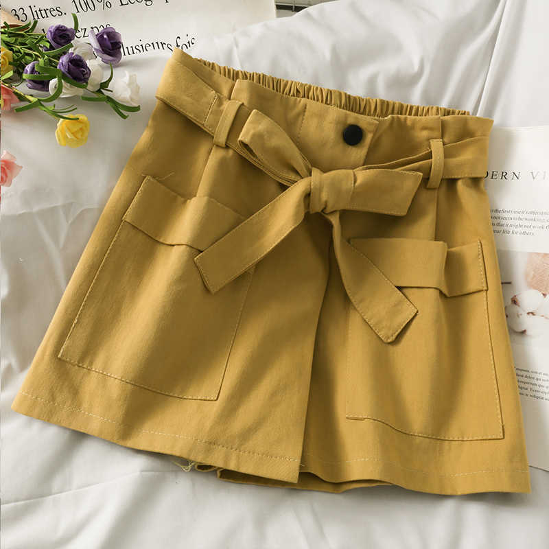 Bow Bandage High Waist Woman Shorts Summer Bottoms Female Causal Solid Wide Leg Short Feminimos 6J347 210603