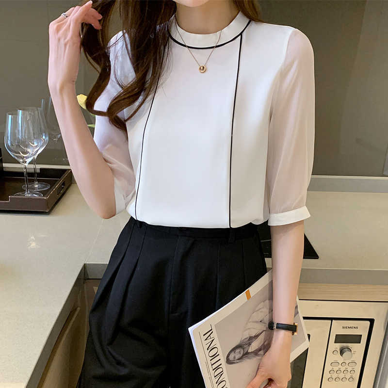 Korean Women' Shirt Chiffon Blouse for Women Half Sleeve Female Top White O-neck Woman Basic 210604, Blue
Korean Women' Shirt Chiffon Blouse for Women Half Sleeve Female Top White O-neck Woman Basic 210604, Blue