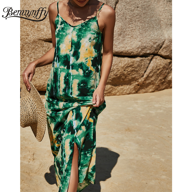 V-neck Sleeveless Print Cami Dress Women Summer Holiday style Beach Casual Ladies Split Long Dresses Vestidos 210510