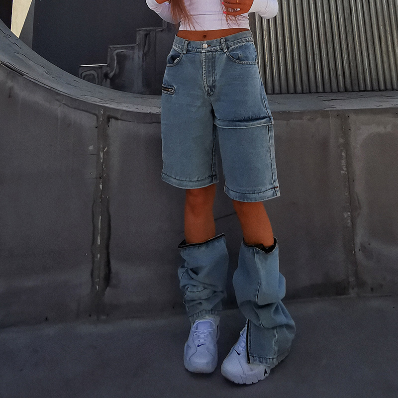 TWOTWINSTYLE Streetwear Zipper Jeans For Women High Waist Straight Casual Wide Leg Denim Pants Female Fashion Clothing 210517