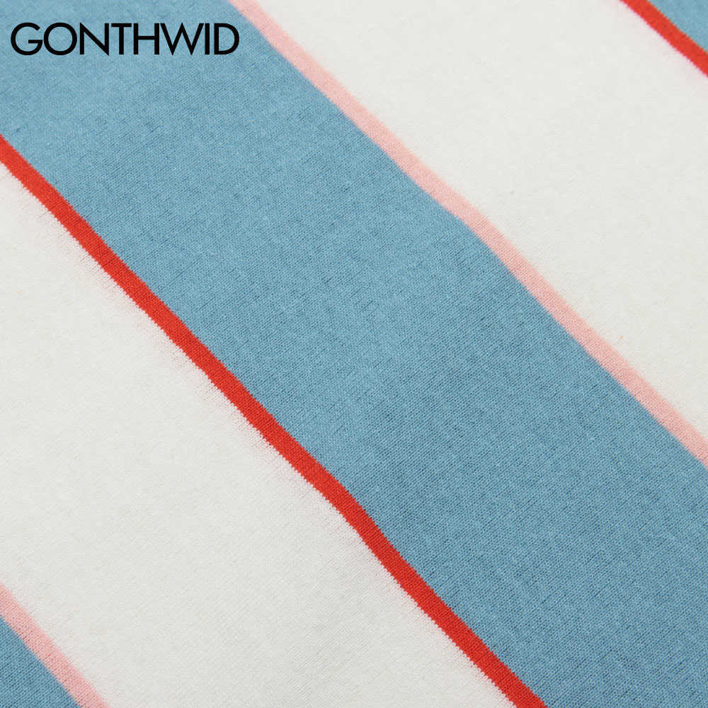 GONTHWID Tshirts Streetwear Hip Hop Color Striped Summer Tees Shirts Men Harajuku Fashion Casual Cotton Loose Short Sleeve Tops 210629