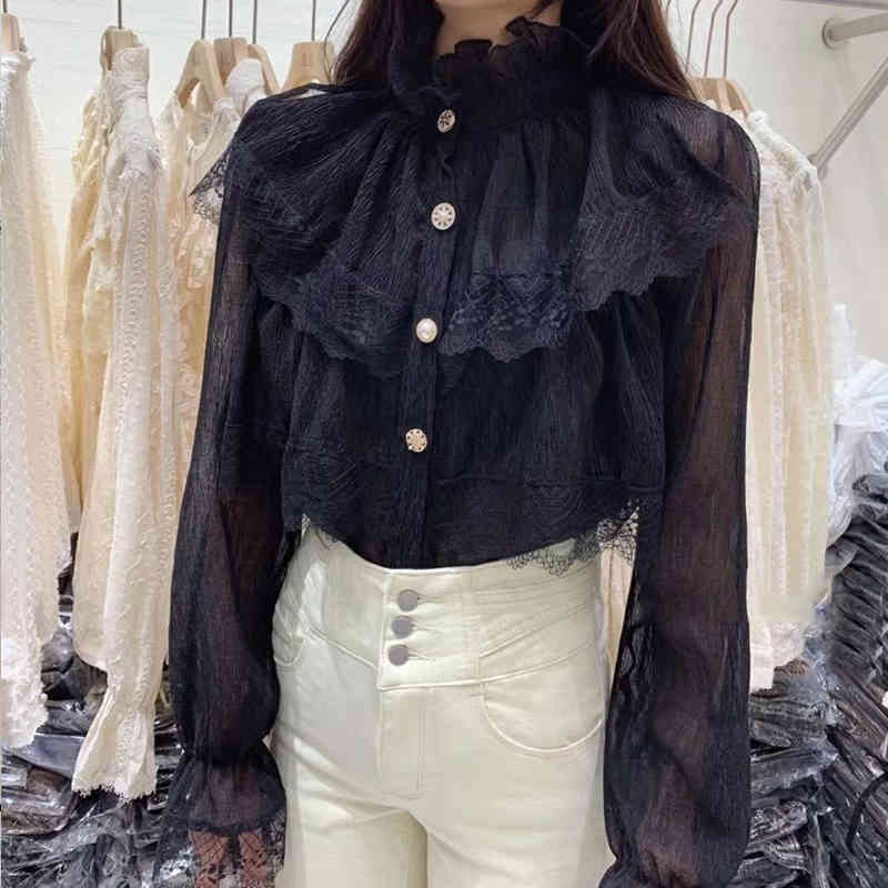 Fashion Lace Chiffon Bouse Spring Korean Chic Turtleneck Long Sleeve Shirt Women Ruffles Button Ladies Tops 12947 210506