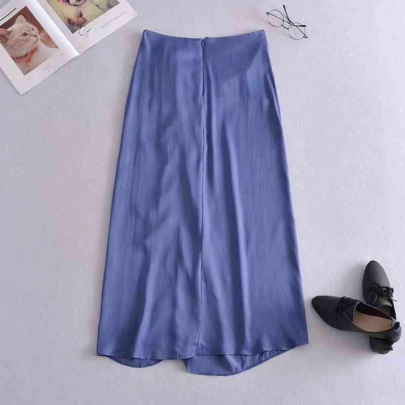 Foridol Bowknot Blue Satin Long Skirts Womens High Waist Elegant Ladies Slit Maxi Skirt Bottoms Summer Silk Ladies Faldas Mujer 210415