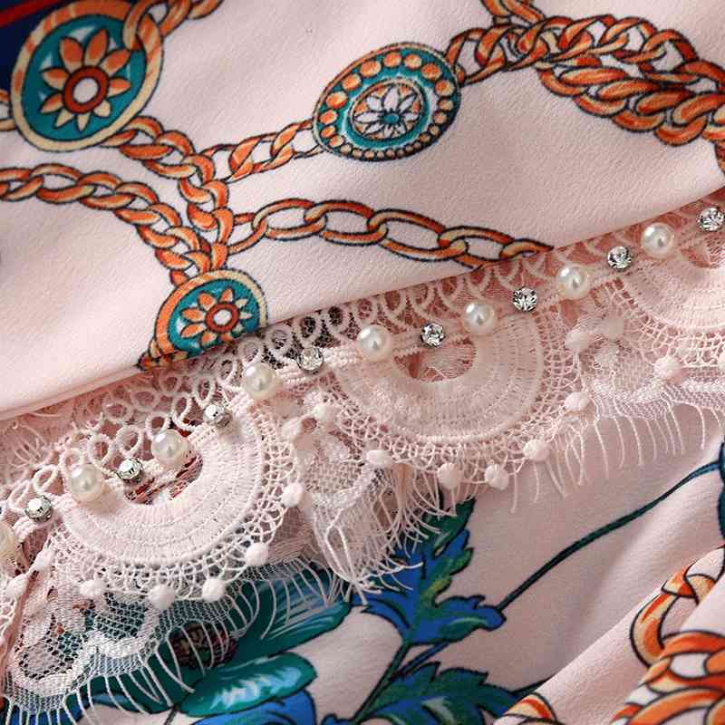 Fashion Runway Summer Women Dress Bead Floral Print Pleated Lace Elegant Slim Fit Ladies Vintage Midi Dresses 210522