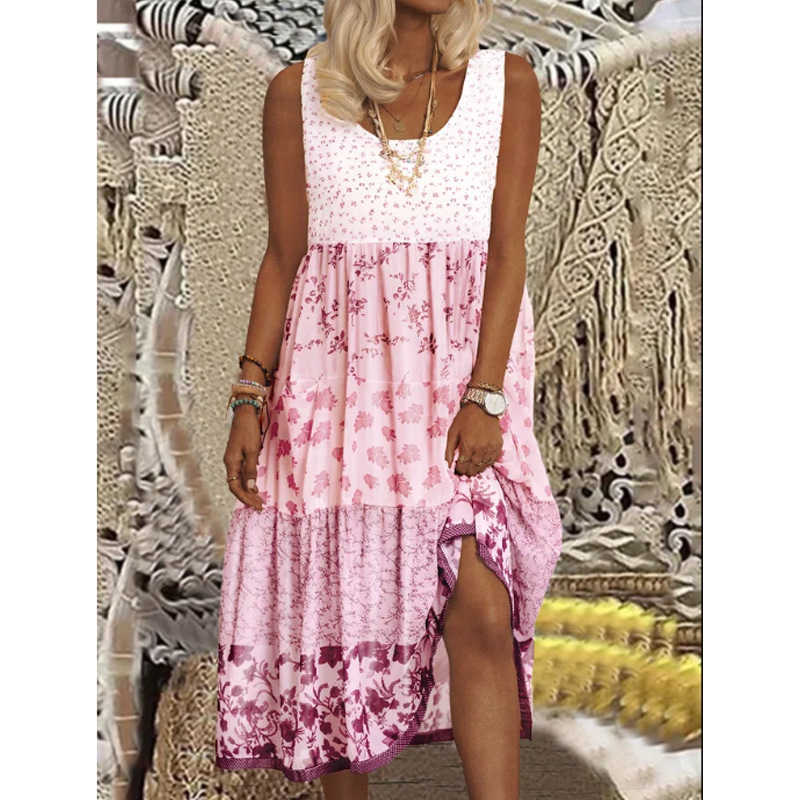 Women's Summer Sling Solid Color Dress U-neck Pink Cotton Loose Casual Mid-length Strawberry Vestido De Mujer 210623