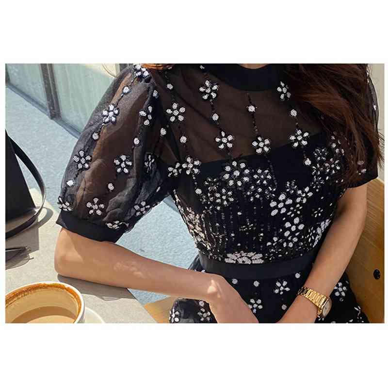 HMA New Runway Summer Self Portrait Dress Women Short Sleeve Embroidery Floral Mesh Vintage Ruffles Party Vestidos 210409