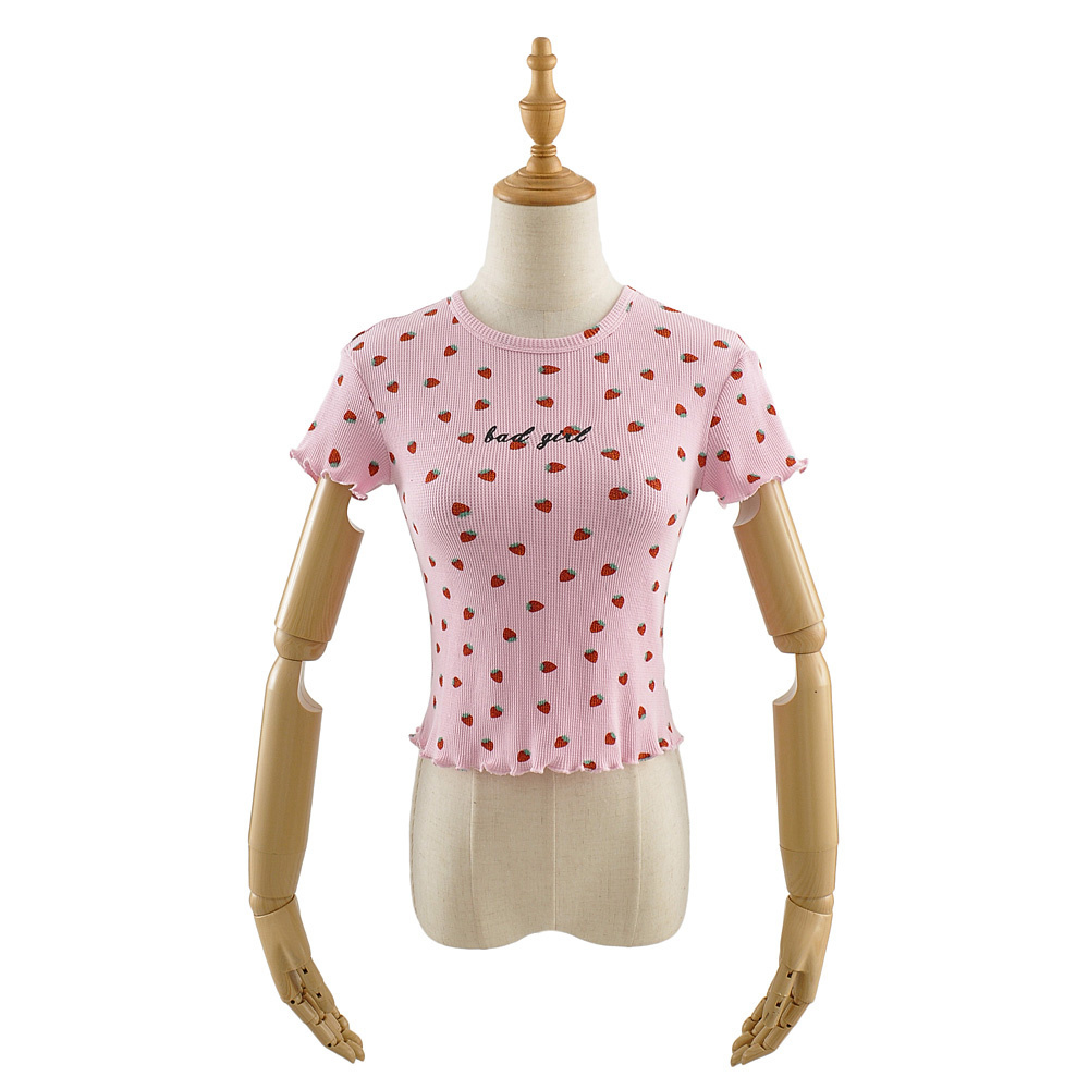 Sexy Navel Strawberry Round Neck Short Sleeve Chic Women's T-shirt Harajuku Pullover High Waist Slim Wood Fungus Women's Tops 210507