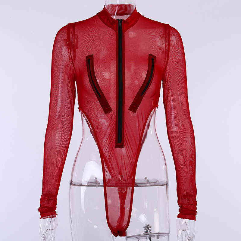 CNYISHE Sexy Club Bodysuits Women Tops Streetwear Red Mesh High Waist Bodysuit Romper Female Body Basic Summer Outfits Swimsuit 211111