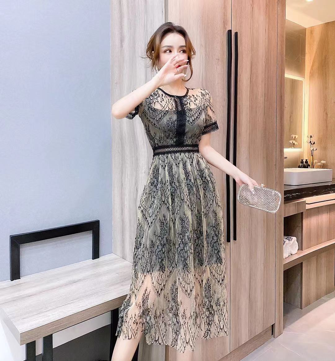 Summer Elegant Sexy Women Vintage Lace short Sleeve O-Neck Femme OL High Waist Casual Slim Party Dresses Robe 210519