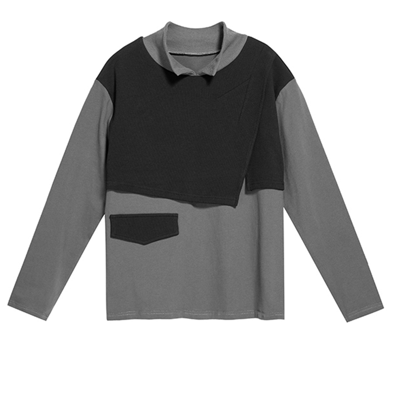 EAM Women Gray Contrast Color Big Size Irregular Tshirt Turtleneck Long Sleeve Fashion Spring Autumn 1DB350 210406