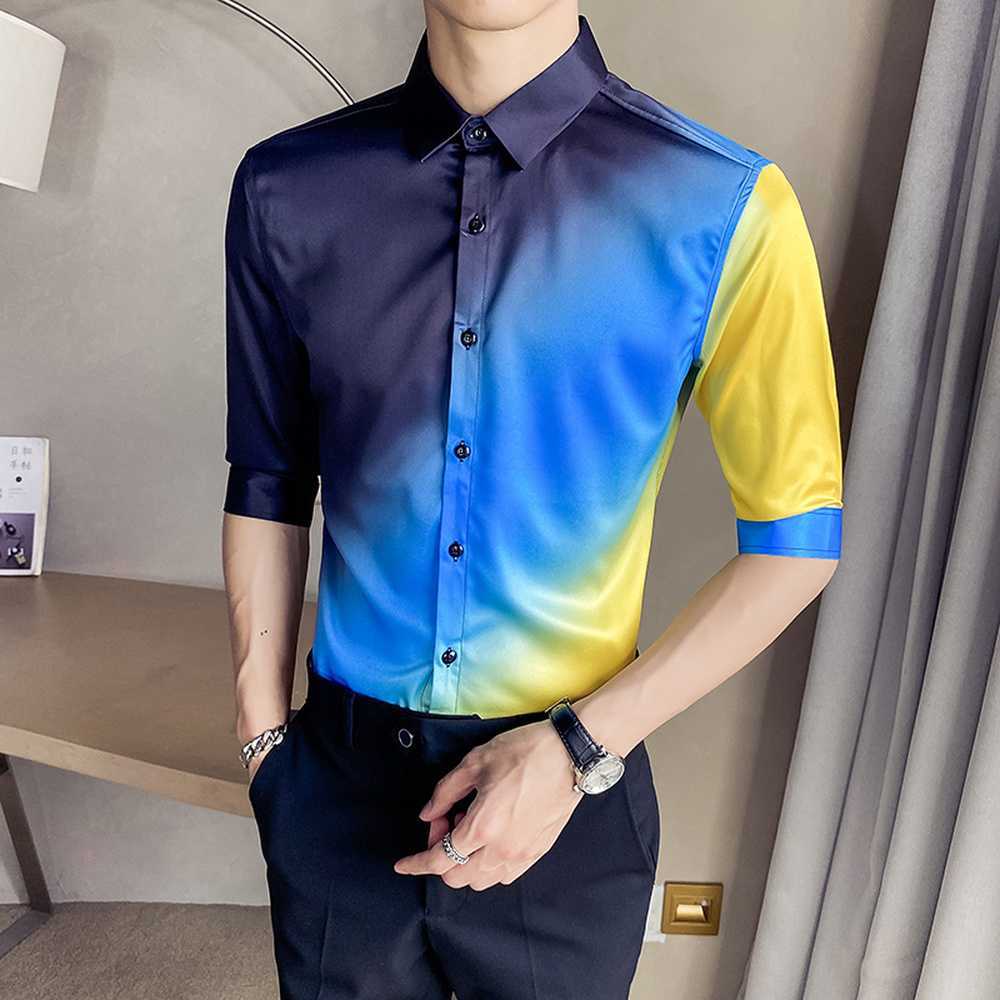 Summer Half Sleeve Shirts Men Gradient Printed Slim Fit Casual Shirt Male Business Formal Dress Shirts Social Party Blouse 210527