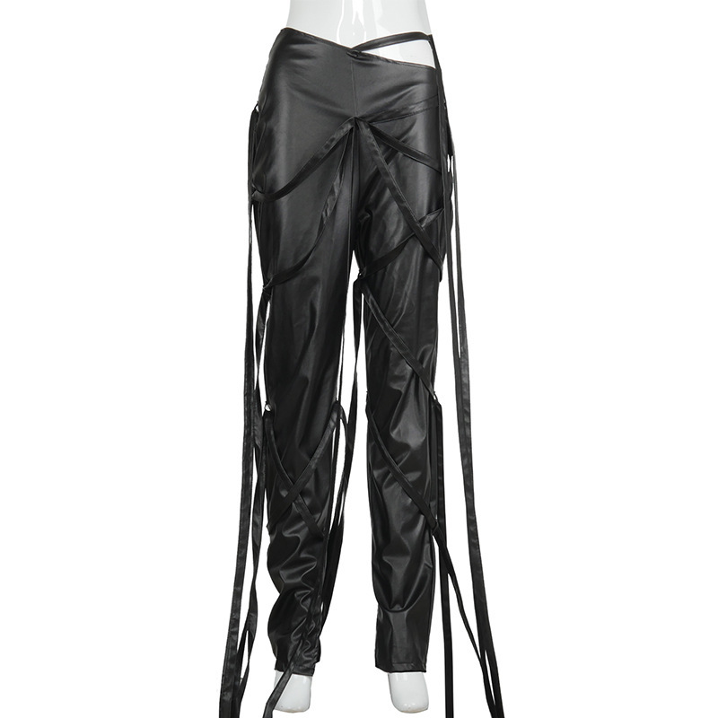 Women Pants Capris Black PU Leather Pleated Ribbon Split Trousers Fashion High Waist 210513
