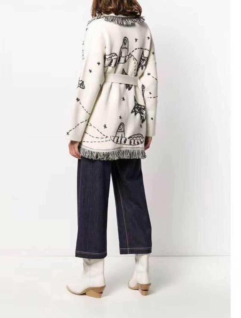 Inspired Wool Cashmere Cardigan embroidery animals belted White Women Sweaters Cardigans Sweatercoats autumn witner warm 210412