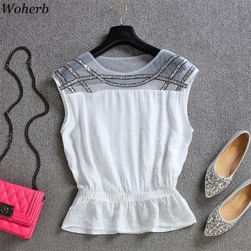 Summer Sequined Patchwork Chiffon Blouse Women Sleeveless Mesh See Through Top Slim Waist Casual Shirt Ruffle Blouses 210519