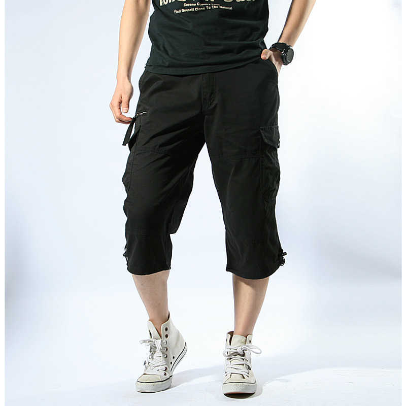 Male Shorts Multi Pocket Summer Loose Zipper Breeches Khaki Grey Plus Size Short Pant Casual Cotton Black Long Mens Cargo 210629
