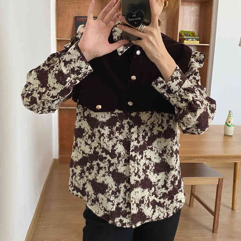 Vintage Printed Loose Fashion Lapel Retro Work Wear Blouse Brief Office Lady Chic Elegance Women Gentle Shirts 210421