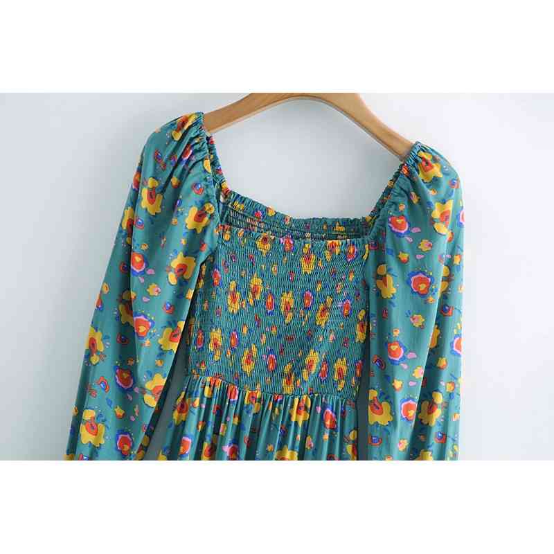 Fashion Boho Style Vintage Floral Print Midi Dress Women Summer Holiday Chic Elastic Chest Long Sleeve Split Dresses 210508