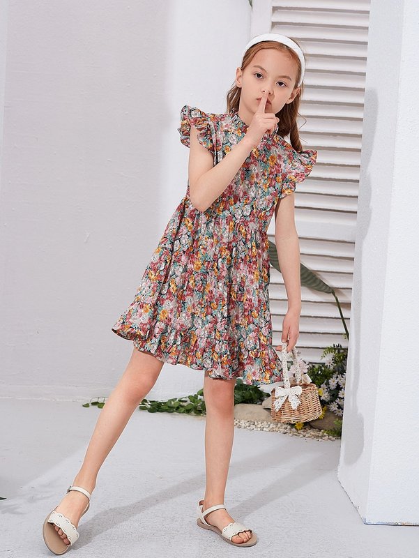 Girls Mock Neck Butterfly Sleeve Allover Floral Dress SHE