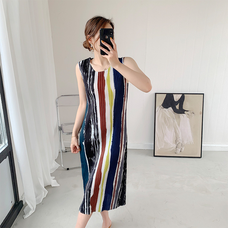 Pleated Vintage Dress Summer Sleeveless Striped Print Dresses Women's Fashion Clothing 2D3588 210526