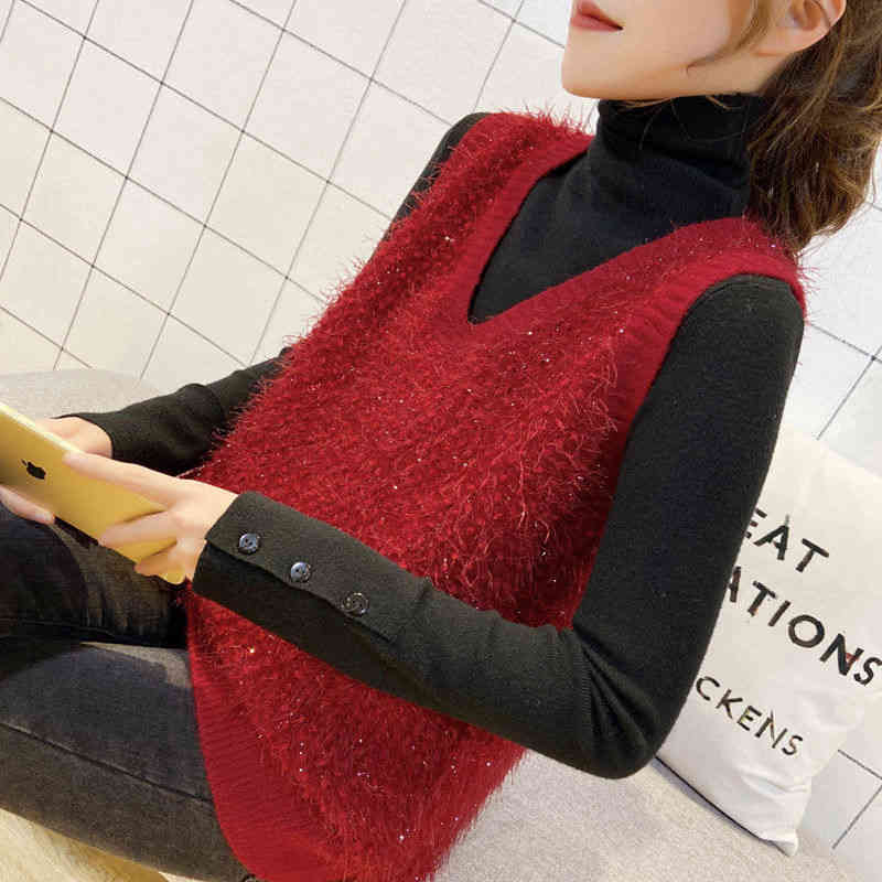 V-neck solid color pullover Korean style bright silk women's sweater vest knitted women loose outer wear 210514