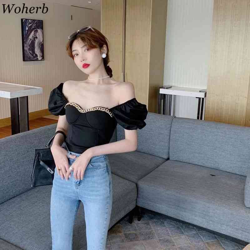 Fashion Chain Patch Square Collar Blouse Women Summer Vintage Puff Sleeve Crop Tops Korean Slim Waist Elegant Blusas 210519