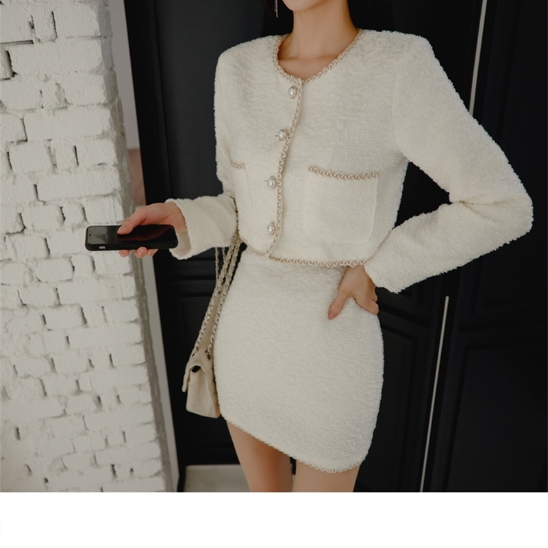 Autumn Winter Vintage Women Tweed Single Breasted Short Coat + Mini Skirt Outfits Suit Female Elegant Fashion 2 Piece Sets 210519