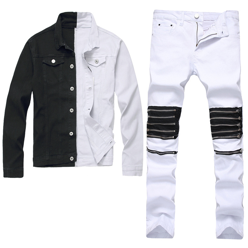 Men's Slim Fit Tracksuits Denim Jacket Pants 2pcs Set Black and White Two-Color Long Sleeve Coat + Ripped Holes Zipper Decorate Jeans, 2pcs set-0812.1366
Men's Slim Fit Tracksuits Denim Jacket Pants 2pcs Set Black and White Two-Color Long Sleeve Coat + Ripped Holes Zipper Decorate Jeans, 2pcs set-0812.1366