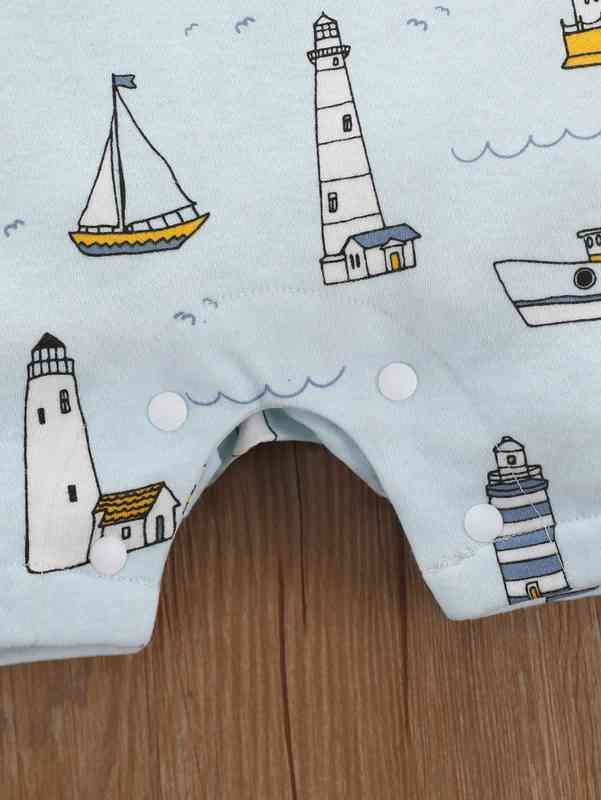 Baby Lighthouse And Boat Print Contrast Binding Romper SHE