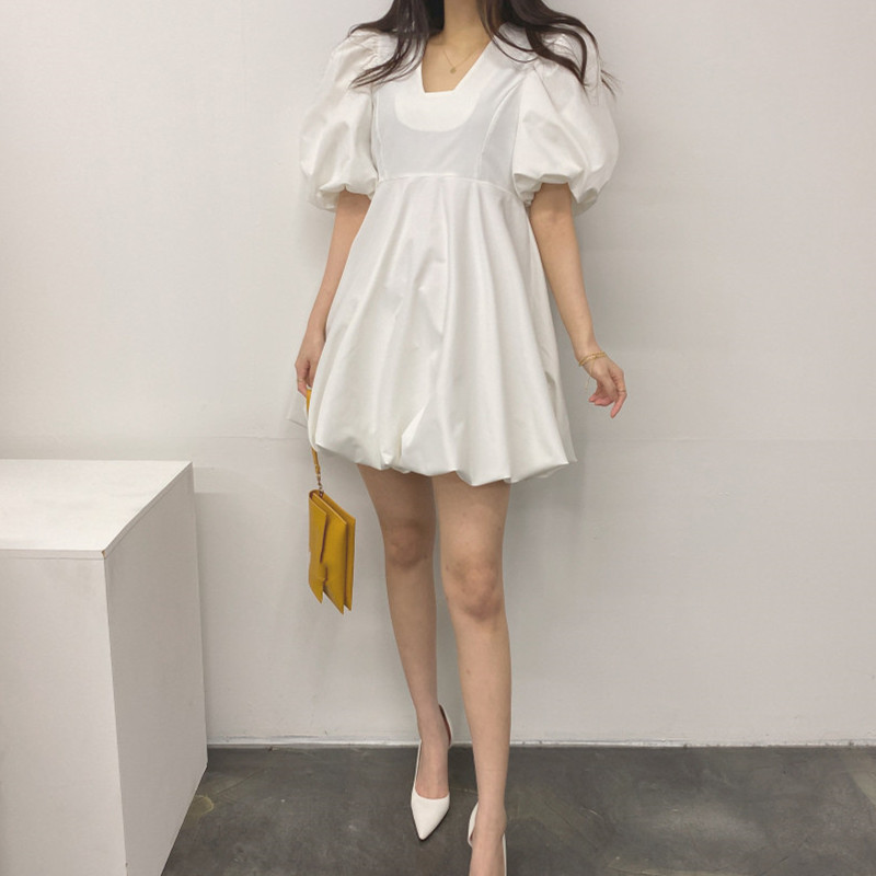Nomikuma Woman Dress Korean Puff Short Sleeve Square Colalr Dresses Spring Summer Slim Waist A-line Vestidos Mujer 6F710 210427