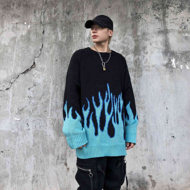 Autumn Winter Harajuku Flame Knitting Sweater Casual Women Man Unisex Pullovers Hip Hop High Streetwear Jumper 210519