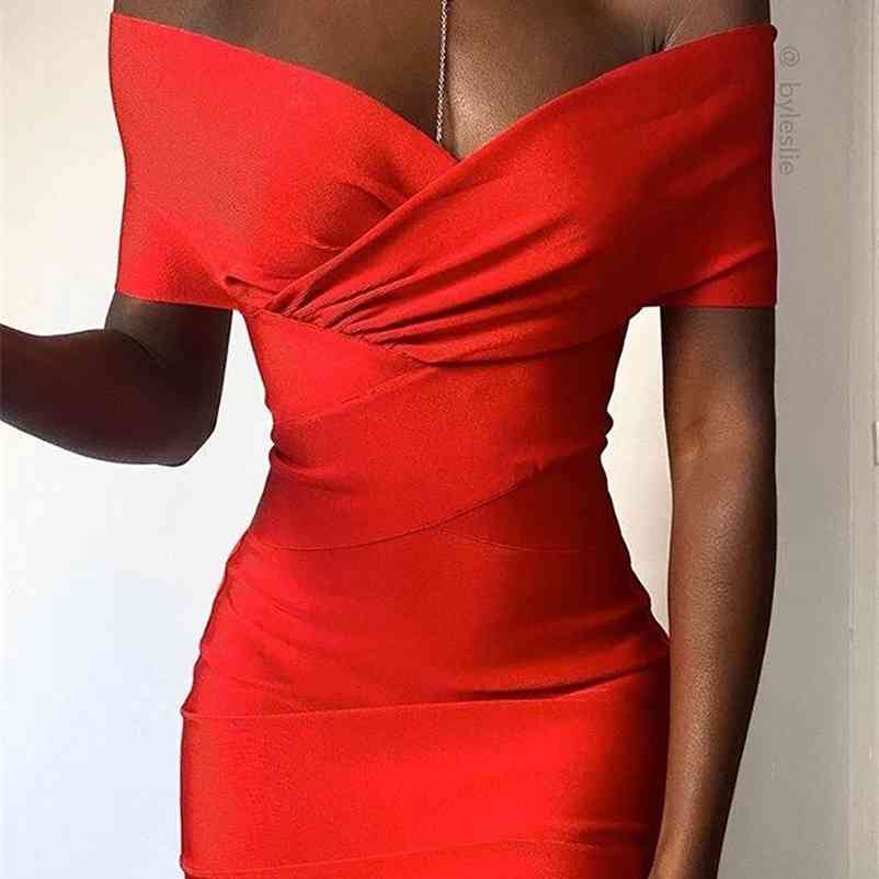 New Summer Women Bodycon Bandage Dress Sexy Off The Shoulder Club Dress Midi Celebrity Party Dress 210409
