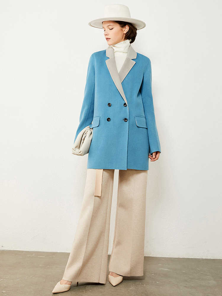 Minimalism Winter Fashion Coat Female 100%wool Lapel Double breasted Double-sided Woolen Women 12070524 210527