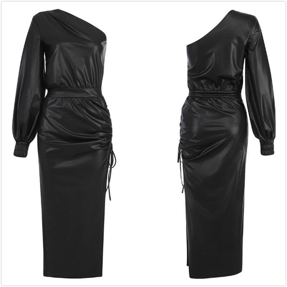 Free Women's PU Leather Midi Dress Sexy One Shoulder Long Sleeve Draped Lace-Up Split Club Party es 210524