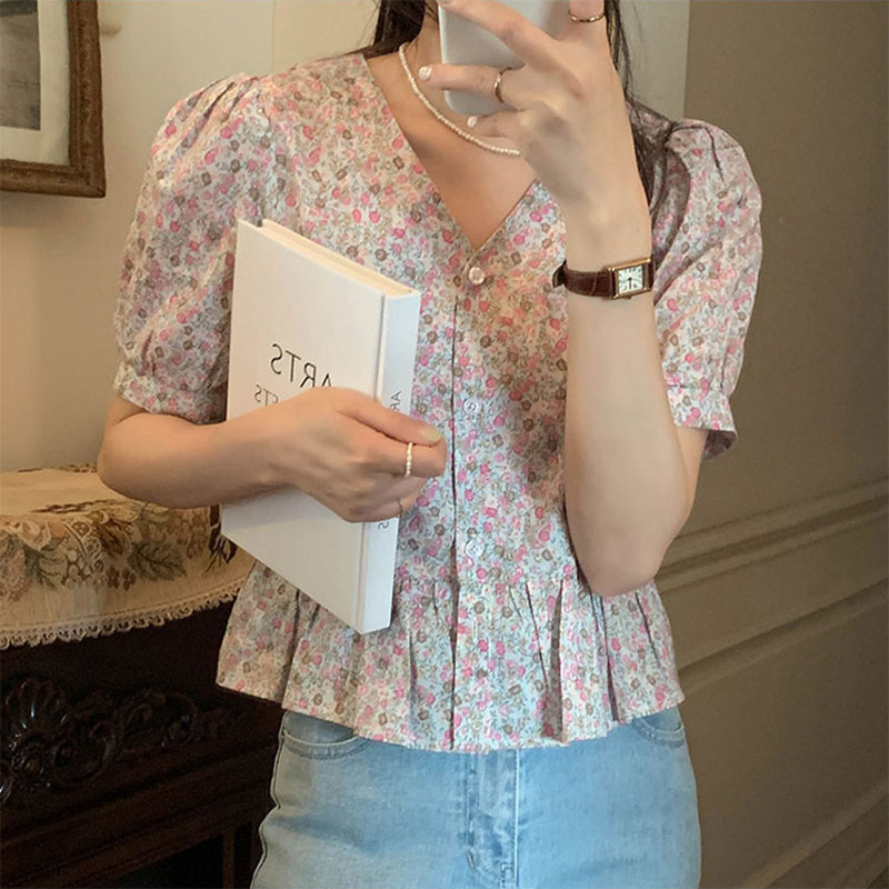 2colors Korean Style V neck Floral Short Sleeve Shirt Summer Vintage Cotton Blouse (X1910) 210423