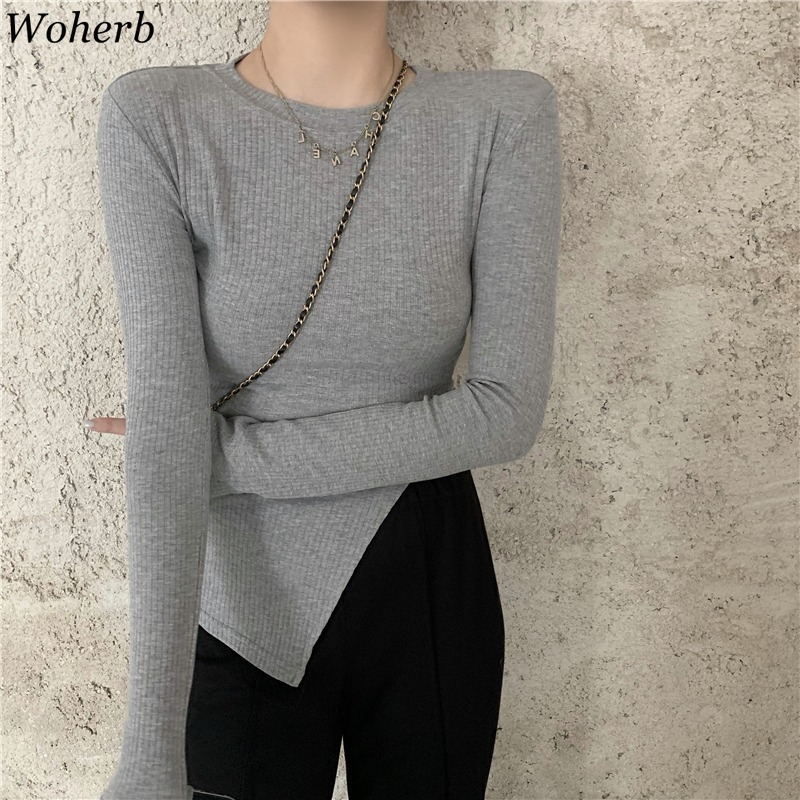 Blusas Mujer Spring White Knitted Long-sleeved Sweater Basic Shirt Women O Neck Irregular Split Slim Fit All-match Tops 210422