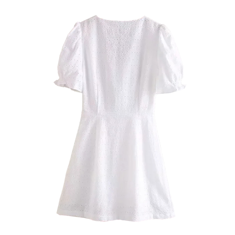 White Embroidered Cotton Mini Dress Women Ruffle Short Sleeve Chic Dresses Summer V Neck Party Dress Robe Femme 210414
