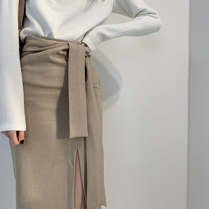 Women Elegant Sheath Wrap Skirts Front Split Korean OL Style High Waist Chic Work Wear Drawing 210506