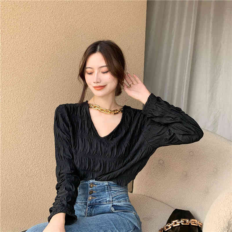 Korean Chic V-Neck Pleated Streetwear Gentle Loose Female Solid Basic All Match Brief Tops Arrival T-shirts 210421