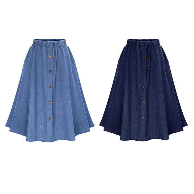 Fashion Korean Preppy Style Denim Skirt Solid Color Long Nature Waist Female Big Hem Casual Button Jean 210621