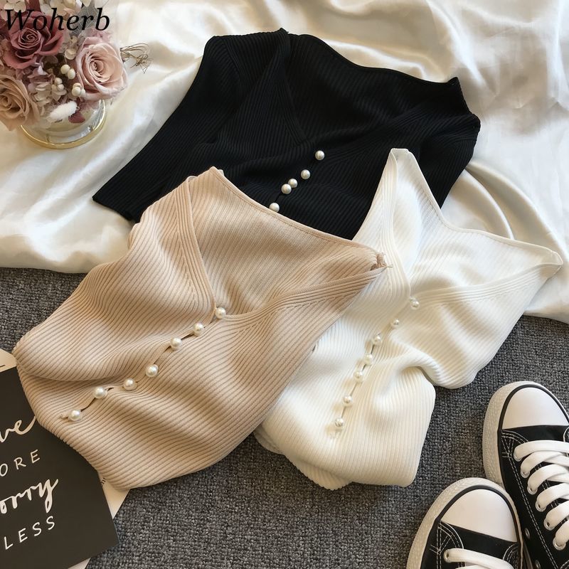 Pearl Button V Neck T Shirts Women Summer Casual Basic Short Sleeve Knitted Tops Fashion Elegant Thin Sweater Shirt 210519