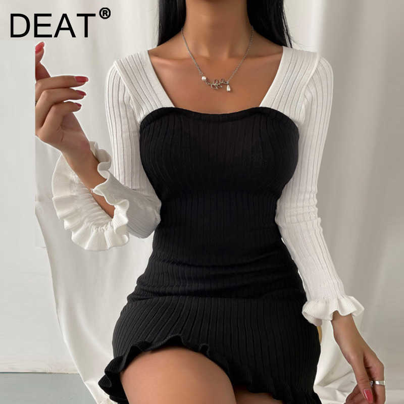 DEAT Spring Autumn Arrivals Knitted Long Sleeve High Waist Slim Ruffles Temperament Fashion Stitching Dress MZ678 210709, Black
DEAT Spring Autumn Arrivals Knitted Long Sleeve High Waist Slim Ruffles Temperament Fashion Stitching Dress MZ678 210709, Black