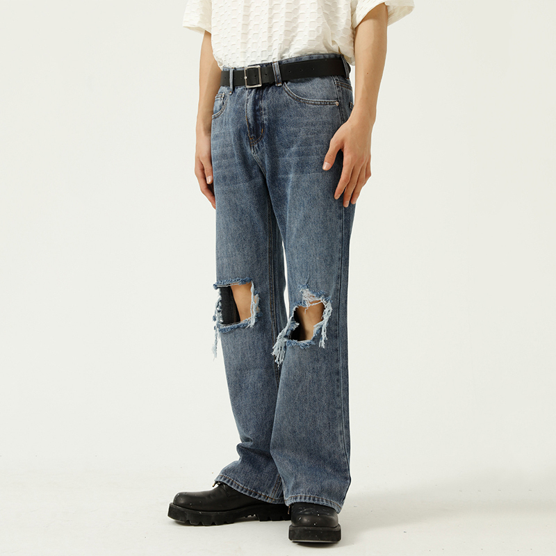 IEFB Men's Wear Beggars' Hole Jeans Male Trend Loose Mid Waist Blue Flare Pants Streetwaer Vintage Denim Trousers 210524