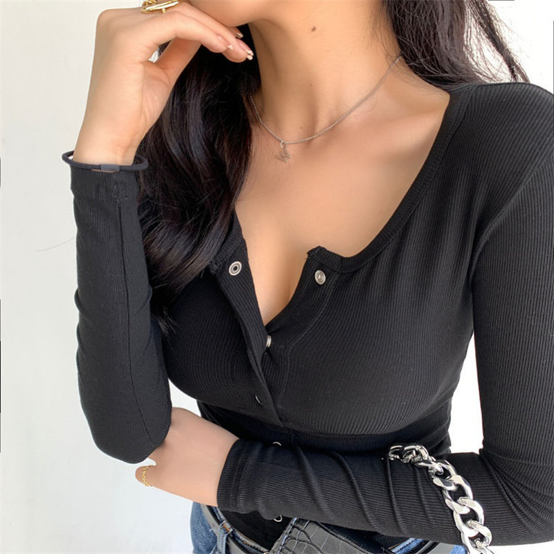 Women All Match Basic Office Lady Tops Brief High Waist Full Sleeves Streetwear Chic Sexy Solid T-shirt 210421