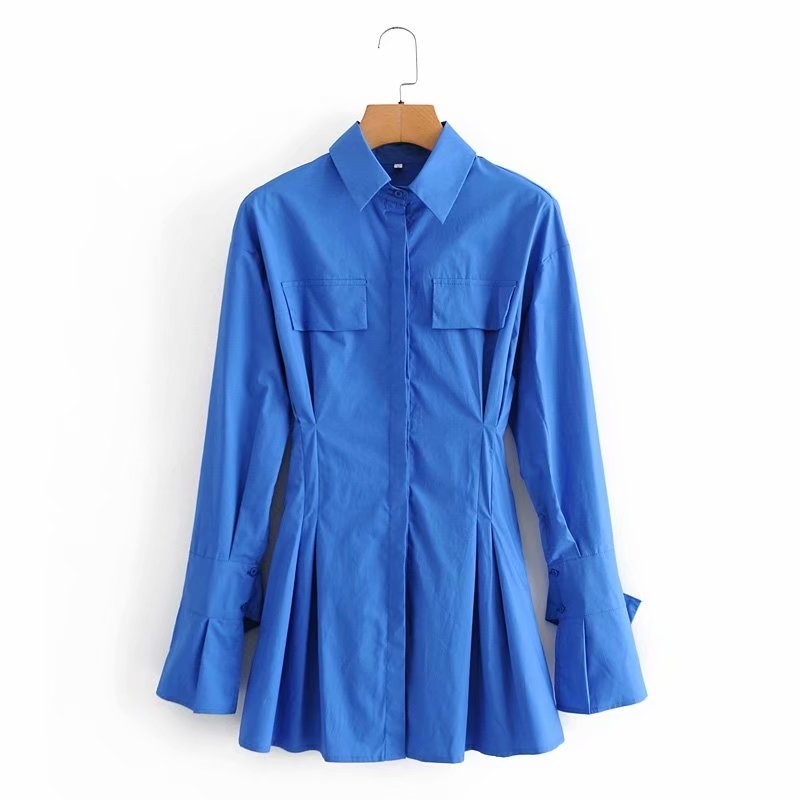 Streetwear Women Blue Pocket Dresses Fashion Ladies Waist-Controlled Mini Vestidos Causal Female Chic Pleated Dress 210430