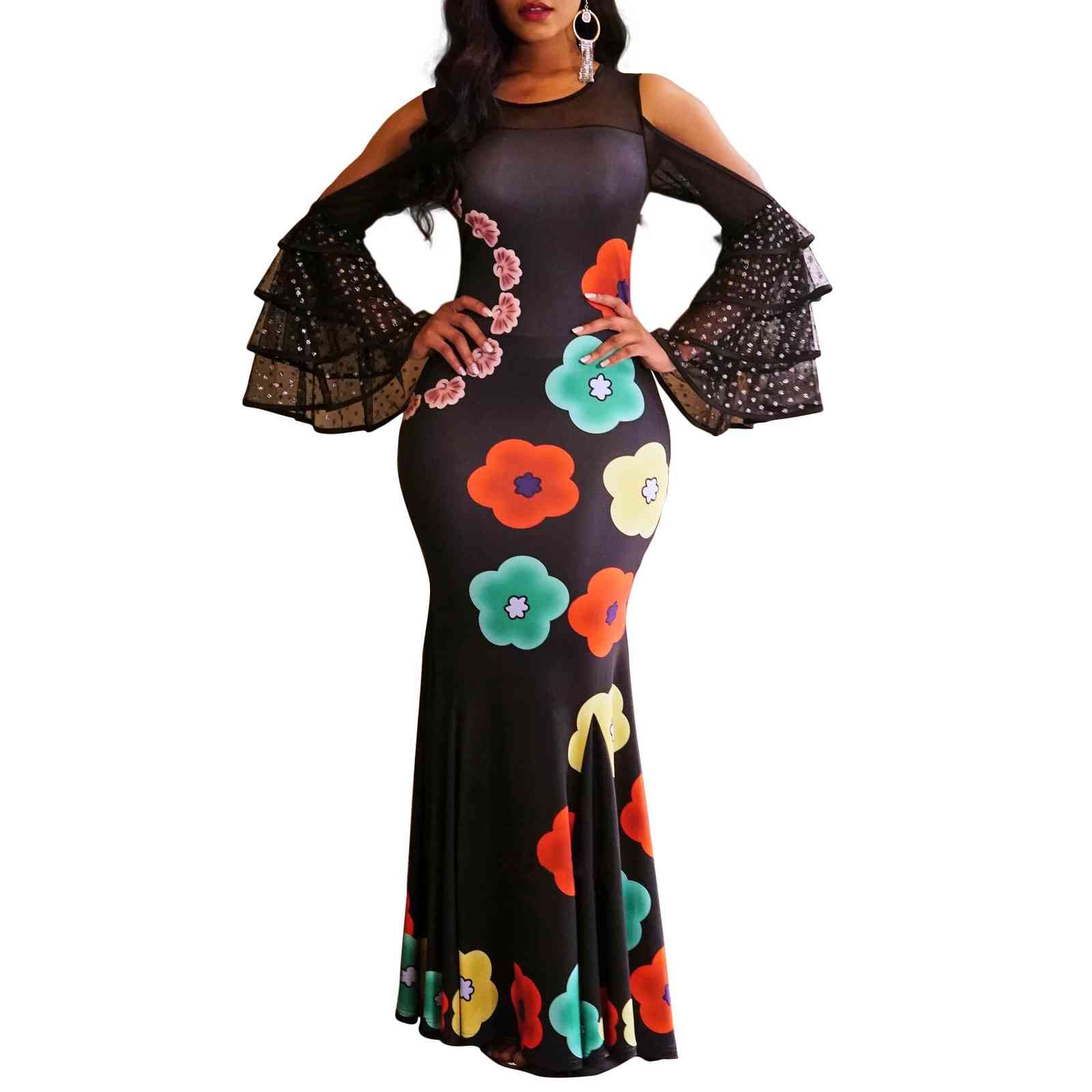 Elegant Long Dress For Women Black Floar Print Flare Sleeve Floor Length Cold Shoulder Fishtail Vintage Evening Night 210510