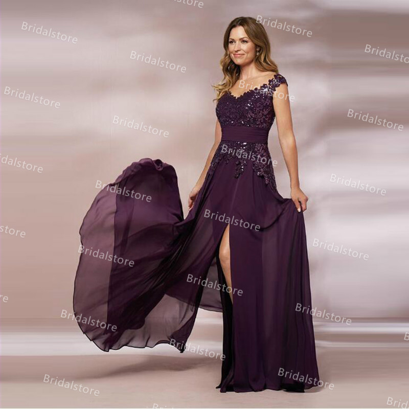 Sexy Chiffon Grape Mother Of The Bride Dresses With Appliques Elegant Floor Length Open Back Prom Dress Slit Fitted Women Wedding Guest Gowns Vestidos