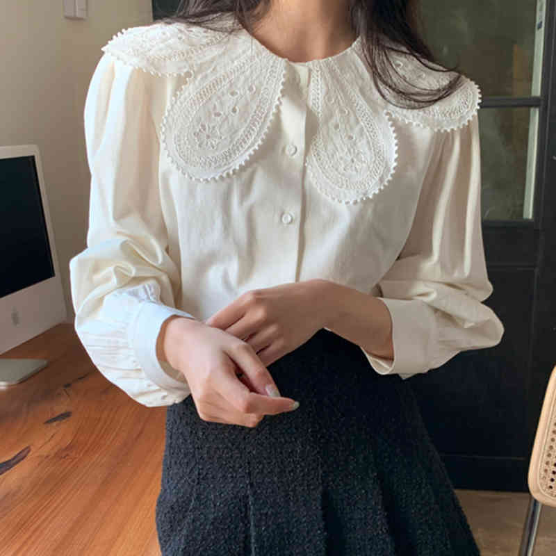 Nomikuma Korean Hook Hollow-out Peter Pan Collar Blouse Causal Puff Long Sleeve Women Shirt Spring Blusas Feminimos 6D873 210427