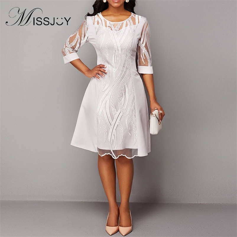 MISSJOY Women's Elegant 3/4 Sleeve Mesh Embroidered Round Neck Bridesmaid Waist A-Line Vintage Party Knee Length Swing Dresses 210409