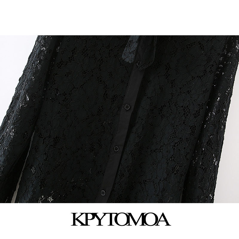 Women Fashion With Bow Tied Semi-Sheer Lace Blouse Long Sleeve Button-up Female Shirts Blusas Chic Tops 210420